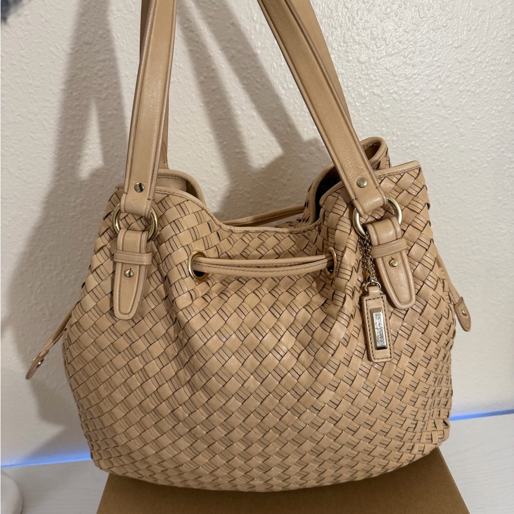 Cole Haan Tan Leather Shoulder Bag -Taylor Drawstring Woodbury Heritage Weave - Picture 15 of 16